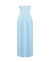Nerina strapless pleated maxi dress with a structured bustier and seashell-pleated cups, fitted waist, and flowing pleated skirt. Soft, lightweight 100% polyester with subtle shine, ideal for resort dinners, beach weddings, and summer events.
