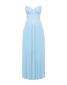 Nerina strapless pleated maxi dress with a structured bustier and seashell-pleated cups, fitted waist, and flowing pleated skirt. Soft, lightweight 100% polyester with subtle shine, ideal for resort dinners, beach weddings, and summer events.