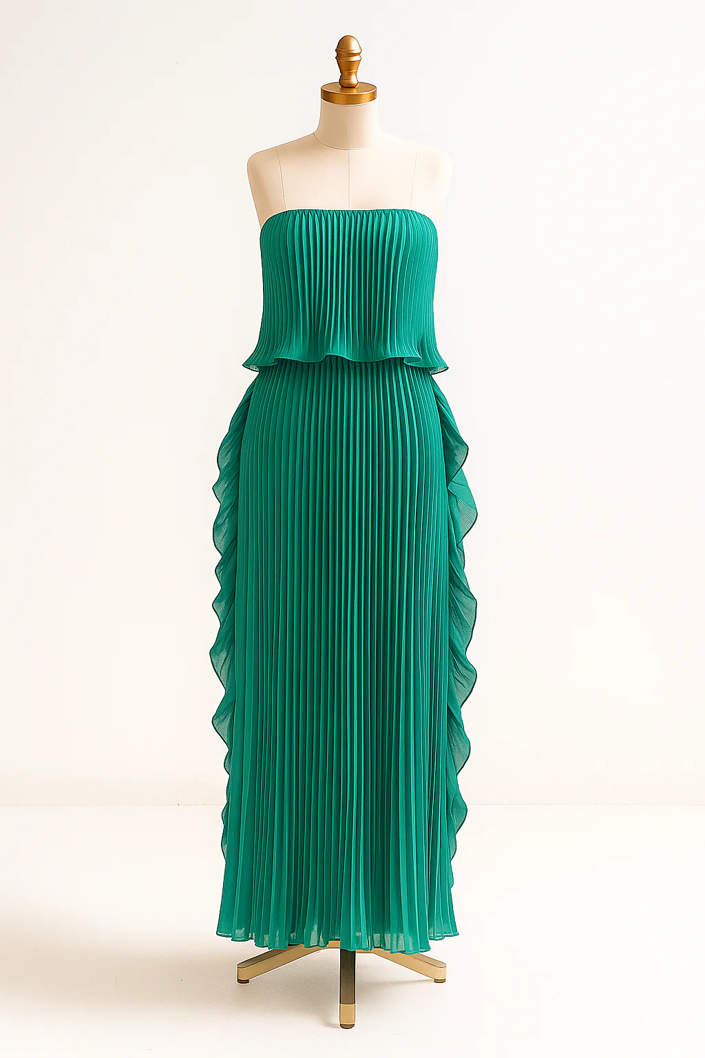 Ravello strapless pleated maxi dress featuring a layered flounce bodice, vertical knife pleats, and cascading side ruffles. Lightweight polyester drape lengthens the silhouette with elegant motion—perfect for weddings, garden parties, and evening events.