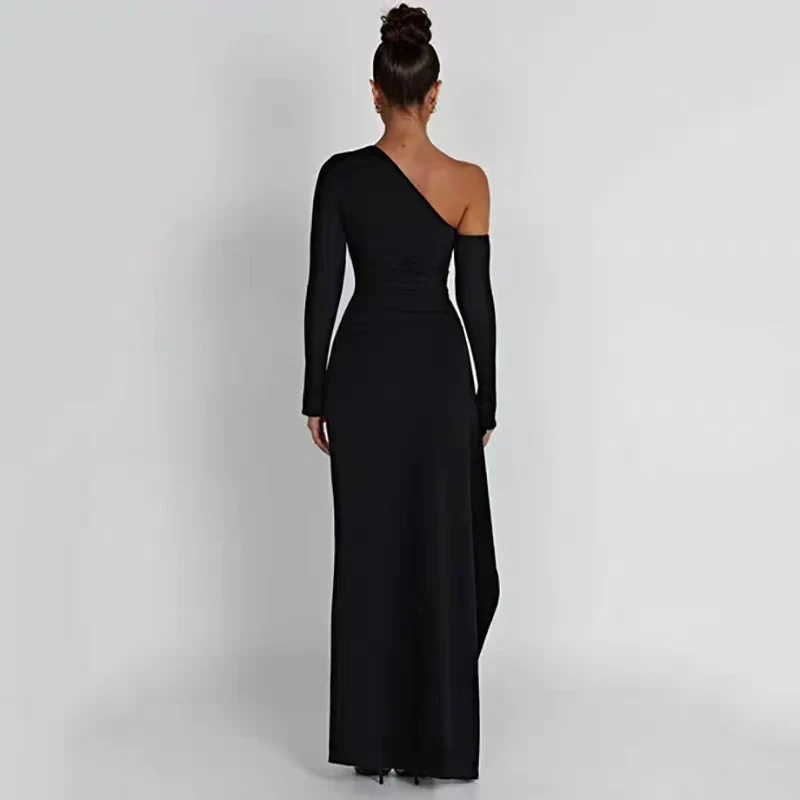 Rhea one-shoulder split gown featuring an asymmetrical neckline, long fitted sleeve with sculpted drape detail, figure-hugging column silhouette and high thigh slit; floor-length hem for elevated glamour—ideal for galas and black-tie events.