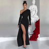 Rhea one-shoulder split gown featuring an asymmetrical neckline, long fitted sleeve with sculpted drape detail, figure-hugging column silhouette and high thigh slit; floor-length hem for elevated glamour—ideal for galas and black-tie events.
