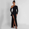 Rhea one-shoulder split gown featuring an asymmetrical neckline, long fitted sleeve with sculpted drape detail, figure-hugging column silhouette and high thigh slit; floor-length hem for elevated glamour—ideal for galas and black-tie events.