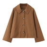 Classic short trench jacket in a warm neutral tone, featuring a pointed collar, button-down closure, minimalist front pockets and a slightly cropped, relaxed silhouette. Soft, structured fabric layers easily over knits or blouses for everyday polish.