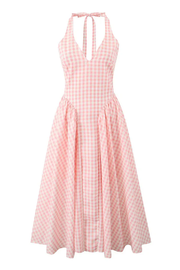 Romina Plaid Print Midi Dress in pink gingham featuring a deep V halter neckline with self-tie straps, fitted bodice with princess seams, and a full gathered midi skirt. Feminine, versatile silhouette ideal for brunch, garden parties and summer outings.