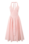 Romina Plaid Print Midi Dress in pink gingham featuring a deep V halter neckline with self-tie straps, fitted bodice with princess seams, and a full gathered midi skirt. Feminine, versatile silhouette ideal for brunch, garden parties and summer outings.