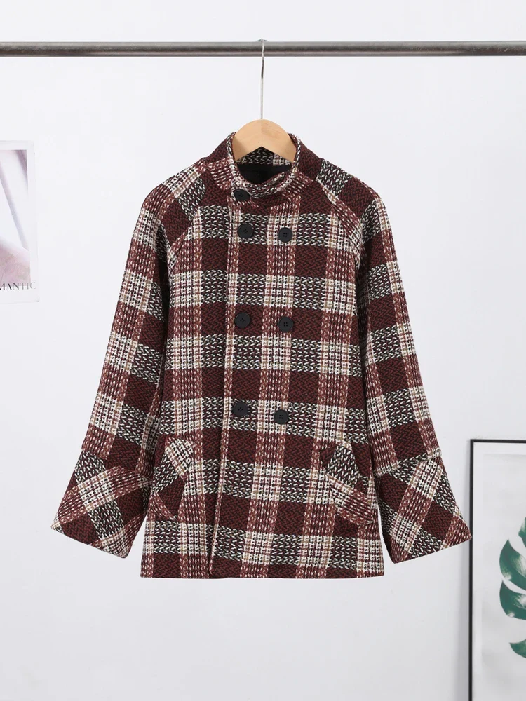 Rose checked wool-blend coat featuring a double-breasted front, high stand collar and softly flared sleeves. Warm beige and burgundy check with a textured finish; a feminine, vintage-leaning silhouette ideal for autumn and winter styling with boots or trousers.