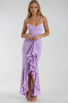 Ruffled bodycon gown with spaghetti straps in lightweight polyester blend, featuring ruched waist, cascading ruffle hem, and high slit. Elegant neckline and sleek silhouette ideal for formal events and cocktail evenings.
