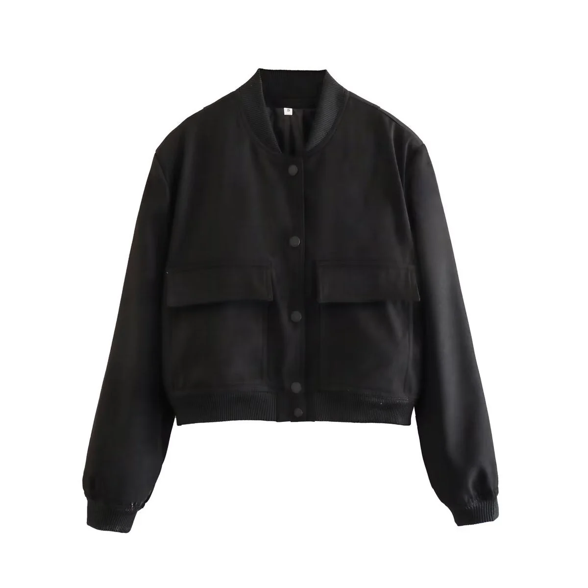 Oversized bomber jacket featuring a ribbed stand collar, ribbed cuffs and hem, clean snap-button front and two large flap pockets. Soft-touch, lightweight feel and relaxed drape make an easy, refined layer over tees, knits or dresses for transitional weather.