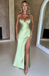 Sindy satin slit maxi dress featuring slim straps, a high side slit and a back rope tie; body-skimming silhouette with stretch for a sculpted fit and a lightweight drape that flatters without showing folds. Composition: Cotton, Polyester, Elastane, Satin.