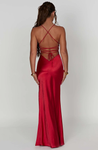 Sindy satin slit maxi dress featuring slim straps, a high side slit and a back rope tie; body-skimming silhouette with stretch for a sculpted fit and a lightweight drape that flatters without showing folds. Composition: Cotton, Polyester, Elastane, Satin.