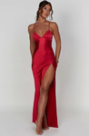 Sindy satin slit maxi dress featuring slim straps, a high side slit and a back rope tie; body-skimming silhouette with stretch for a sculpted fit and a lightweight drape that flatters without showing folds. Composition: Cotton, Polyester, Elastane, Satin.