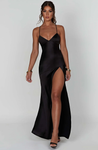 Sindy satin slit maxi dress featuring slim straps, a high side slit and a back rope tie; body-skimming silhouette with stretch for a sculpted fit and a lightweight drape that flatters without showing folds. Composition: Cotton, Polyester, Elastane, Satin.
