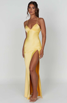Sindy satin slit maxi dress featuring slim straps, a high side slit and a back rope tie; body-skimming silhouette with stretch for a sculpted fit and a lightweight drape that flatters without showing folds. Composition: Cotton, Polyester, Elastane, Satin.