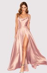 Long satin slit maxi dress featuring a soft cowl neckline, delicate tie straps and an open back. Body-skimming silhouette with light drape, gentle elastane stretch, full lining, hidden zipper and discreet side pockets—ideal for weddings and galas.