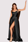 Long satin slit maxi dress featuring a soft cowl neckline, delicate tie straps and an open back. Body-skimming silhouette with light drape, gentle elastane stretch, full lining, hidden zipper and discreet side pockets—ideal for weddings and galas.