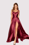 Long satin slit maxi dress featuring a soft cowl neckline, delicate tie straps and an open back. Body-skimming silhouette with light drape, gentle elastane stretch, full lining, hidden zipper and discreet side pockets—ideal for weddings and galas.