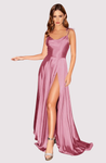 Long satin slit maxi dress featuring a soft cowl neckline, delicate tie straps and an open back. Body-skimming silhouette with light drape, gentle elastane stretch, full lining, hidden zipper and discreet side pockets—ideal for weddings and galas.