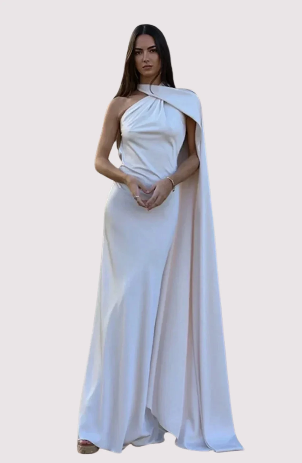 Stella Timeless Cape Gown in lustrous satin featuring a dramatic one-shoulder cape, built-in bra, and sculpted mermaid silhouette with a sweeping train. Contoured seams define the waist and hips for a polished, statement look at formal events.