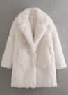 Women’s off-white faux-fur coat featuring a plush exterior, smooth lining and a clean, flattering silhouette. Lightweight yet warm, it layers effortlessly over dresses, knits or casual outfits—an elegant lined winter jacket for day or night.