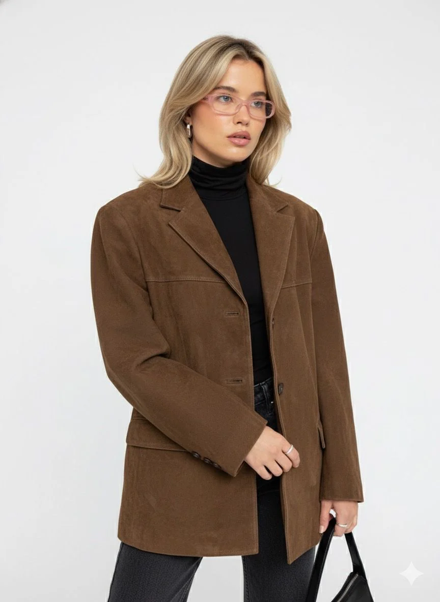 Women’s oversized brown faux-suede coat with relaxed silhouette, single-button closure and softly structured shoulders. Smooth, luxurious texture and easy drape for layering over trousers, denim or dresses—ideal for polished everyday autumn outfits.