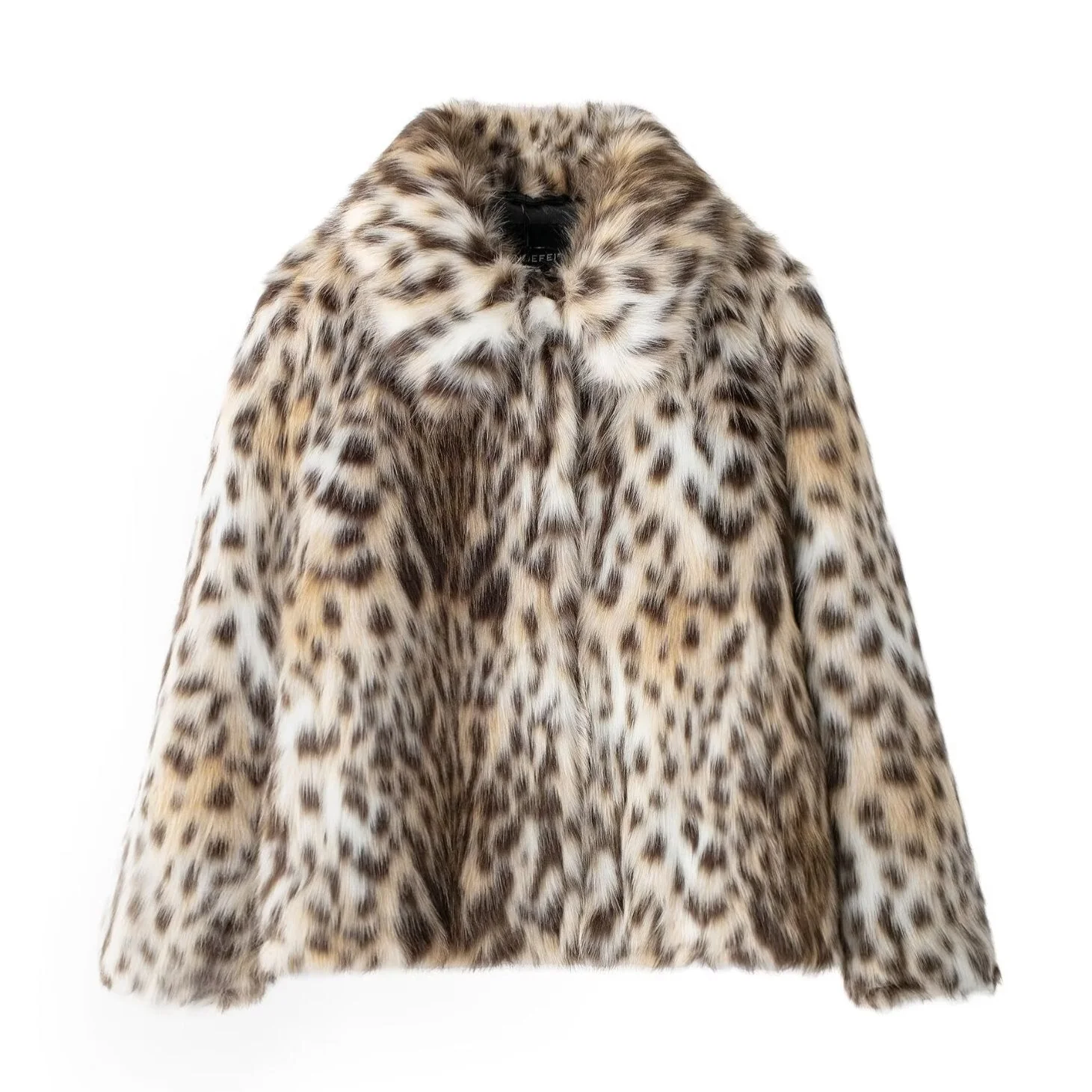 Oversized faux-fur jacket in a plush, spotted finish featuring a high collar, discreet front closure, cuffed sleeves and hidden pockets. Voluminous yet comfortable silhouette adds statement warmth over denim, knits or evening pieces.