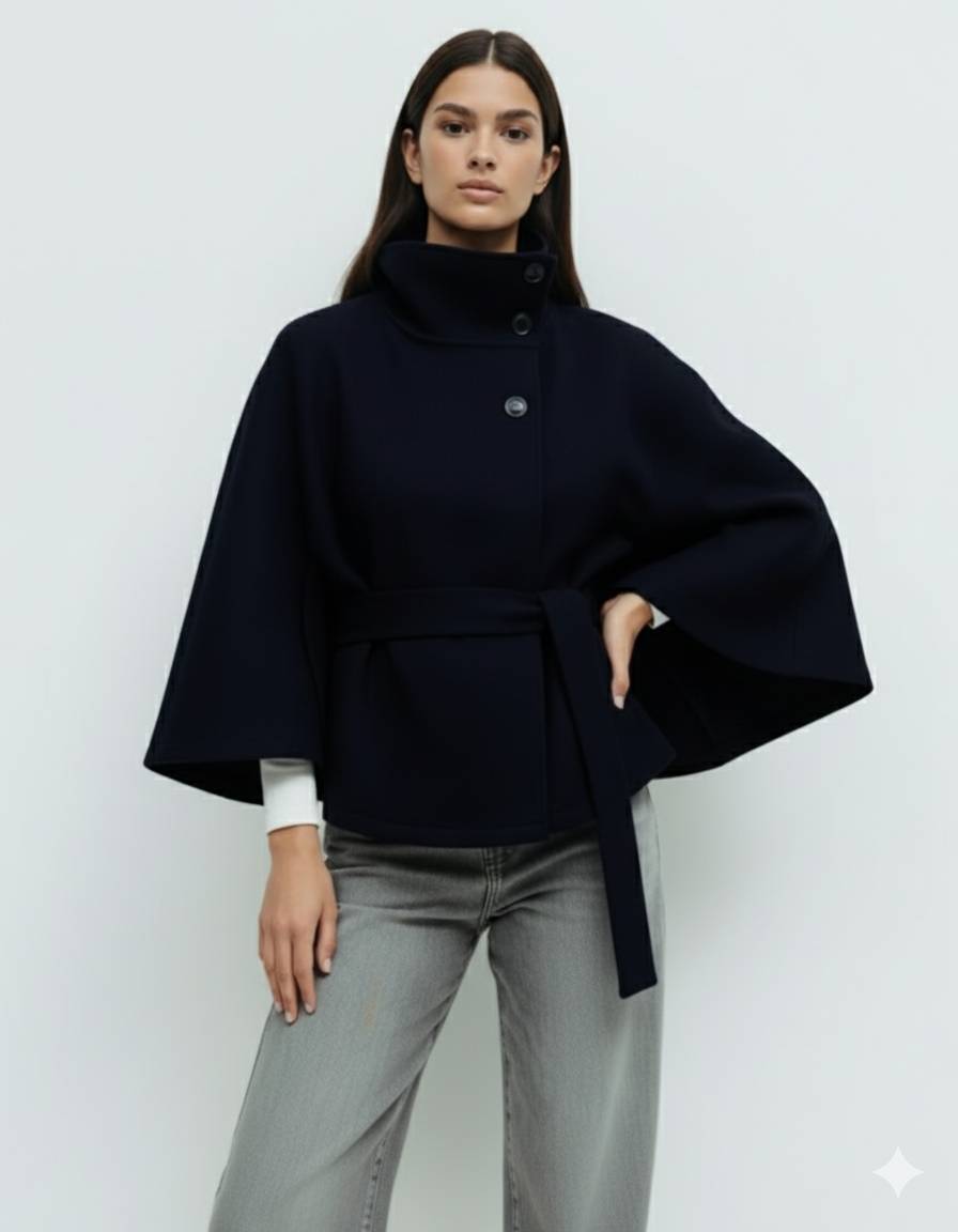 High-neck belted cape jacket in camel wool blend with buttoned collar, cape silhouette and waist-defining tie belt. Soft, warm and comfortable layering piece for autumn and winter, styled over knits or dresses for timeless elegance.